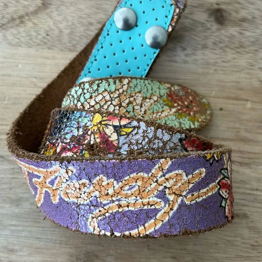 Vintage Ed Hardy y2k purple turquoise genuine leather belt brown no buckle S